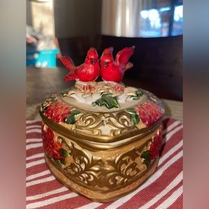Vintage Heart Shape Red Doves Trinket Box